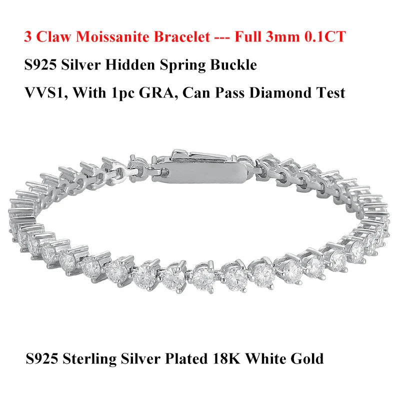 3 Claw 2.5/3mm Full D Color Moissanite Diamond Tennis Bracelet Hidden Buckle for Women Man 925 Silver Link Chain Bracelets