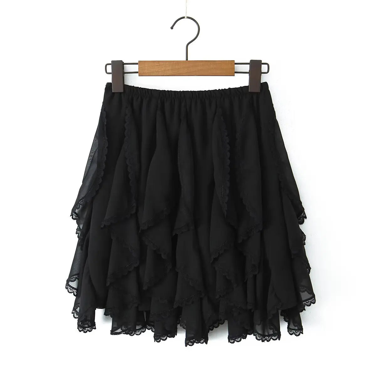 Kawaii Black Mini Skirts Women Summer 2025 Japanese Y2k Fashion Ruched Skirts Vintage Clothes Kawaii Ruffle Skirts Lace Trim