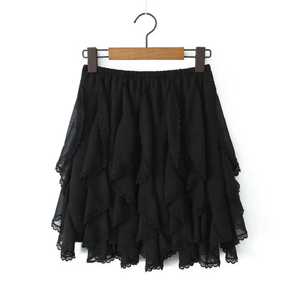 Kawaii Black Mini Skirts Women Summer 2025 Japanese Y2k Fashion Ruched Skirts Vintage Clothes Kawaii Ruffle Skirts Lace Trim