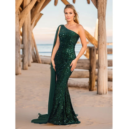 One Shoulder Chiffon Ribbon Flip Green Sequined Evening Dress Long Prom Maxi Gown for Women