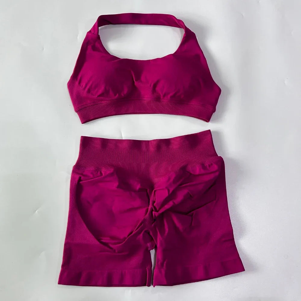 No Logo Women 2 Pieces Yoga Set Cross Straps Bra Beautiful Back Tops High Waist Sport Short Scrunch Bum Workout Short Gym Suit