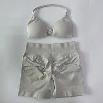 NO LOGO 2PCS Gym Set Women Strappy Yoga Bra Top High Waist Workout Scrunch Shorts Sports Suit Seamless Yoga Set Fitness Clothes
