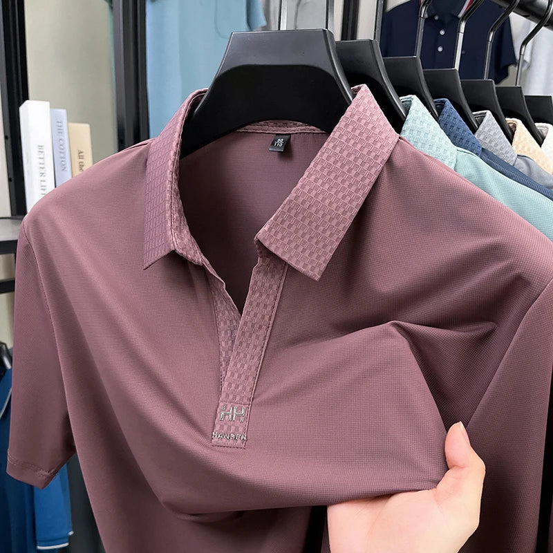 Fashion V-neck short sleeve T-shirt men's summer solid color silky smooth breathable personalized jacquard buttonless polo shirt