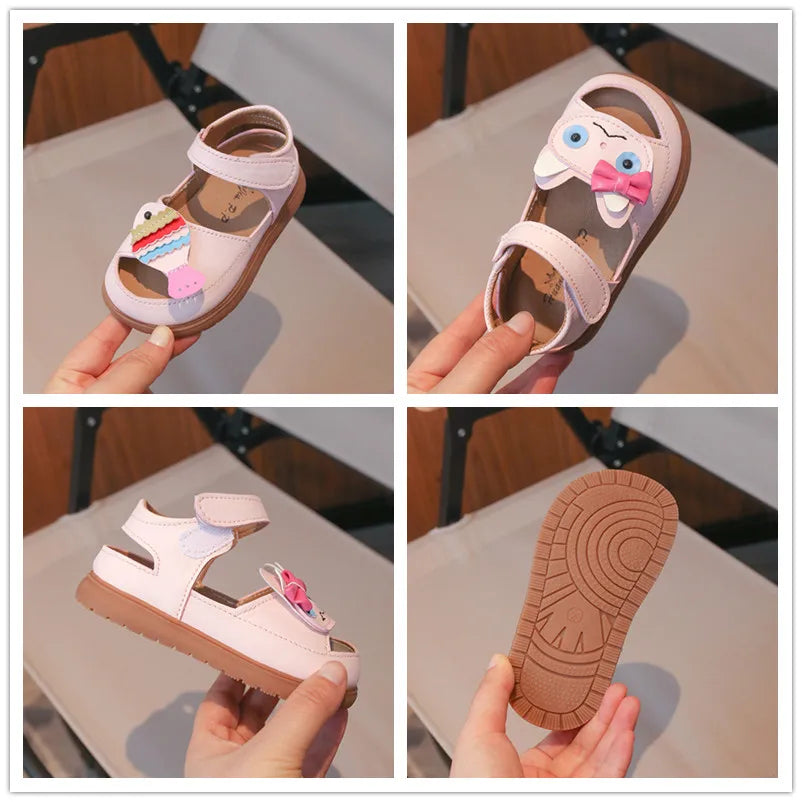Toddler Girls Leather Sandals with Cute Cartoon 2026 New Summer Kids Beach Shoes Soft Sole Chic Trendy Versatile Outdoor Play