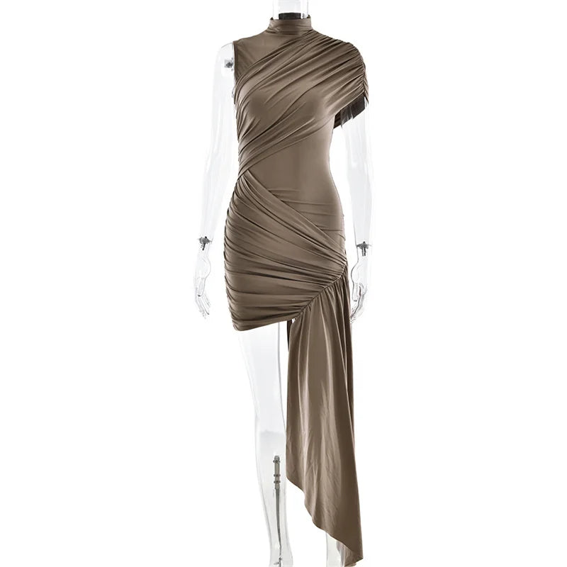 Summer Draped Ruched Sexy Mini Dress Women 2025 New Irregular High Waist Slim Fit Dress Female Elegant Club Tank Dress