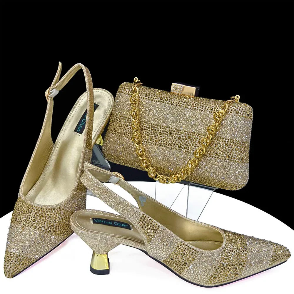 High Heels Shoes for Women Embroidery Rhinestone Italian Design Gold Color Pointed Toe Shoes and Bags Set Fashio
