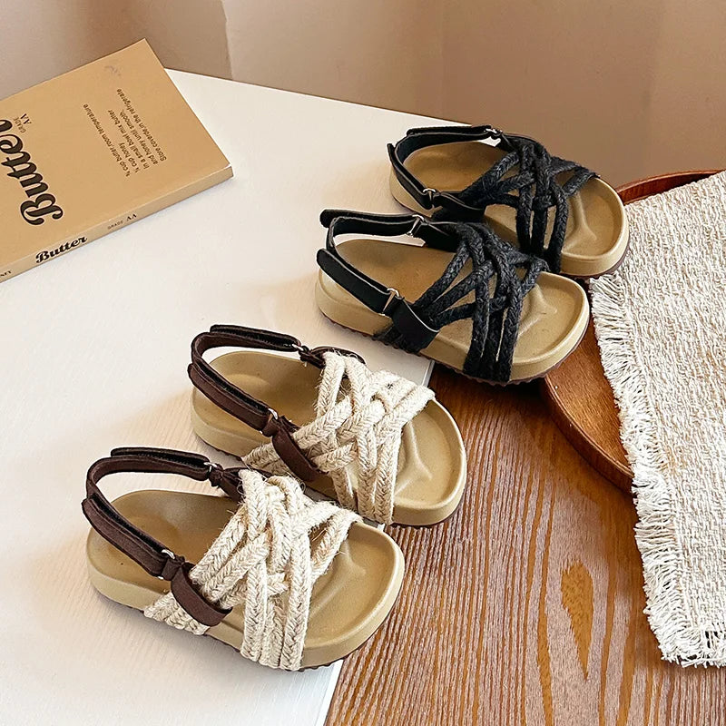 Children's Boho Braided Sandals Summer New Boys Girls Casual Shoes for Outdoor Daily Wear Open-toe Kids Platform Beach Sandals