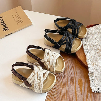 Children's Boho Braided Sandals Summer New Boys Girls Casual Shoes for Outdoor Daily Wear Open-toe Kids Platform Beach Sandals