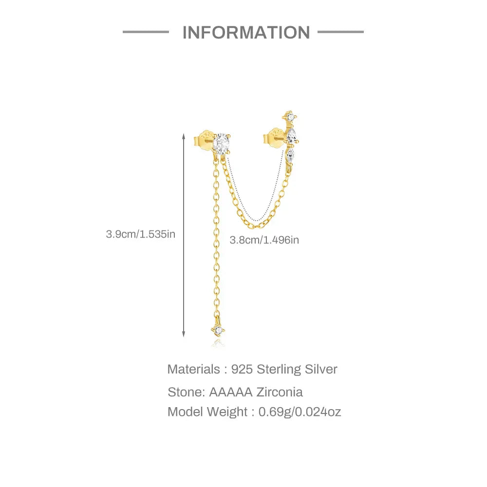 1PC 925 Sterling Silver Horse Eye Chain Tassel Zircon Drop Earrings For Women Ins Minimalism Geometric Earrings Gift