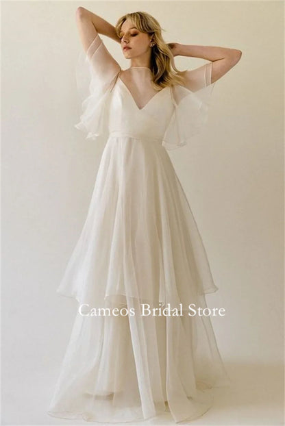 Fashion Korea Tiered Sleeves Organza Wedding Dresses V-Neck Floor Length Photo Shoot Corset Customized Bridal Gown
