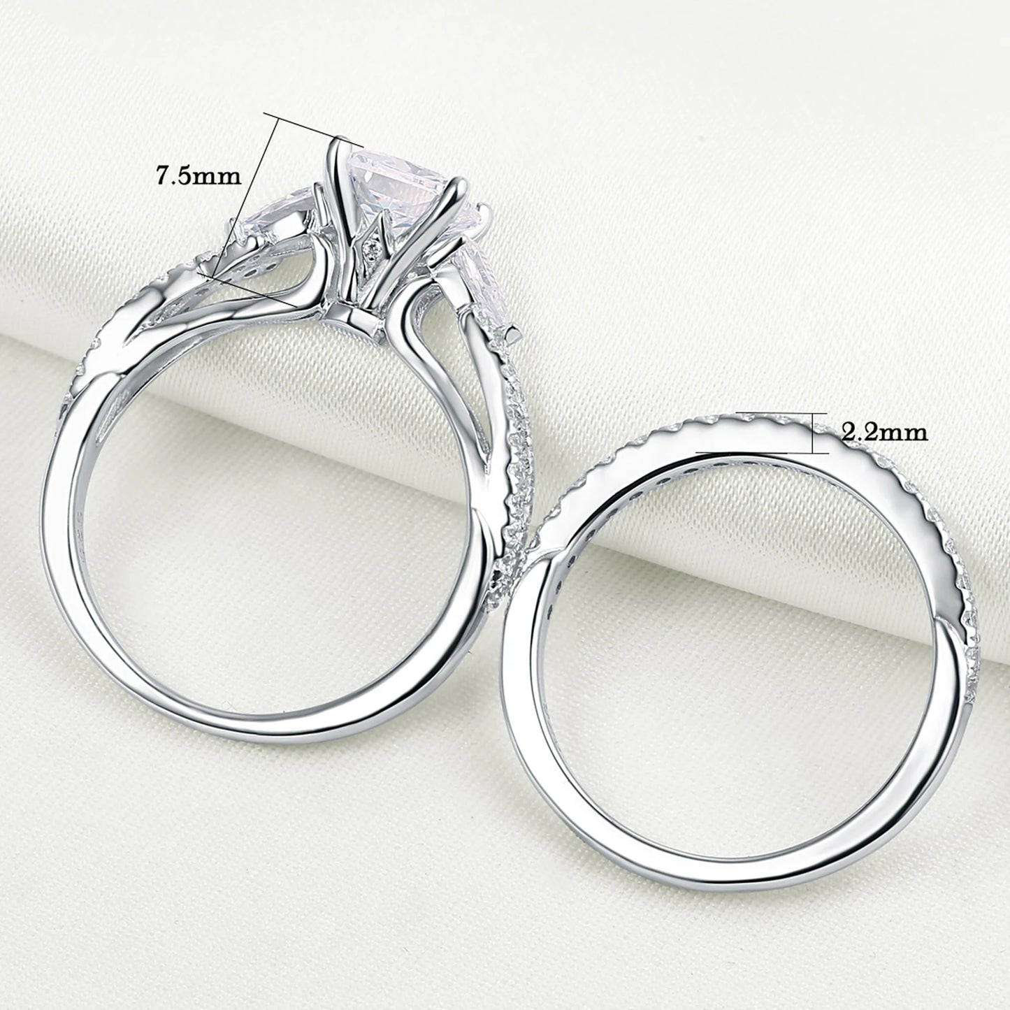 Conjunto de 2 Anéis de Casamento em Prata Esterlina 925 1,7 Ct com Zircônias Cúbicas AAAAA de Corte Princesa e Pera Anéis de Noivado para Mulheres Joias da Moda