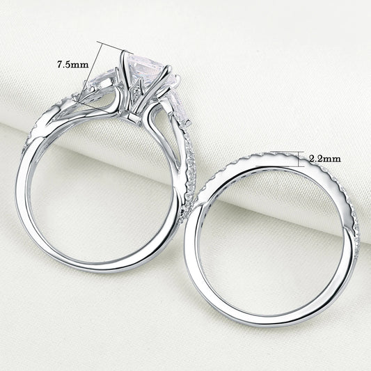 2 Pcs Wedding Ring Set 925 Sterling Silver 1.7 Ct Princess Pear Cut AAAAA CZ Engagement Rings for Women Trendy Jewelry