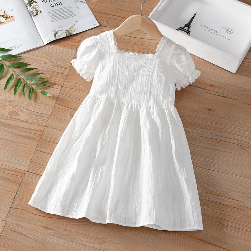 Baby Girls Summer Clothes Elegant White Dress with Lace Trim Children Princess Dress Lovely for Kids