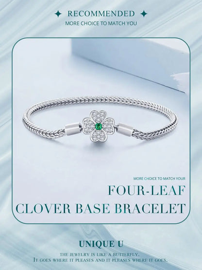 925 Sterling Silver Four-Leaf Clover Snake Basic Bracelet Pave Setting CZ for Women Beads and Charms DIY Fine Jewelry