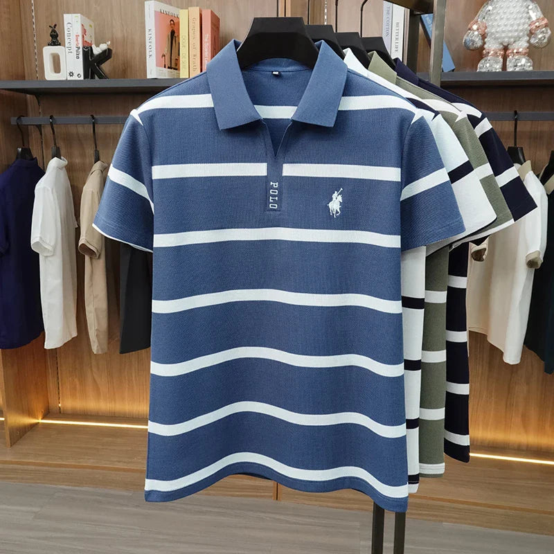 2026 New Summer Men's Striped Polo Shirt with Collar and Short Sleeve Casual T-shirt for Men