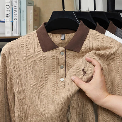 Men's Autumn and Winter Light Luxury 100% Cotton Men's Embroidered Knitted T-shirt Casual Business Sweater Polo Shirt