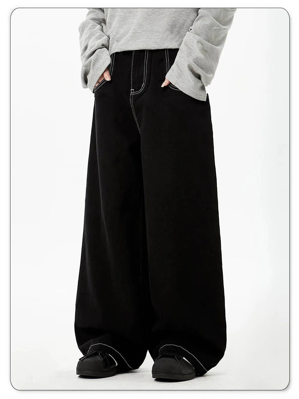 Spring Summer Men's Retro Black Baggy Wide Leg Jeans American Basic Unisex Daily Casual Denim Pants Women's Black Stacked Jeans