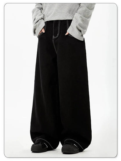 Spring Summer Men's Retro Black Baggy Wide Leg Jeans American Basic Unisex Daily Casual Denim Pants Women's Black Stacked Jeans