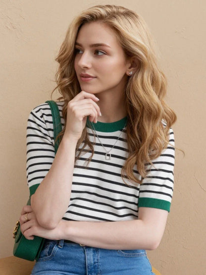 Fashion Stripe Knitted Round Collar Tees 2026 Summer Women Tops Print Short Sleeve Casual Simple Versatile Women T-Shirt