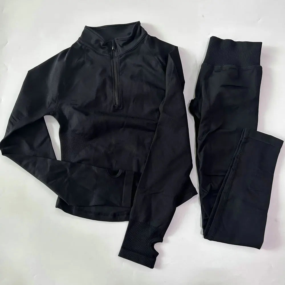Women 2pcs Yoga Sets Long Sleeve Jacket Sport Top With Half Zip High Waisted Leggings Fitness Suits Seamless Running Workout Set