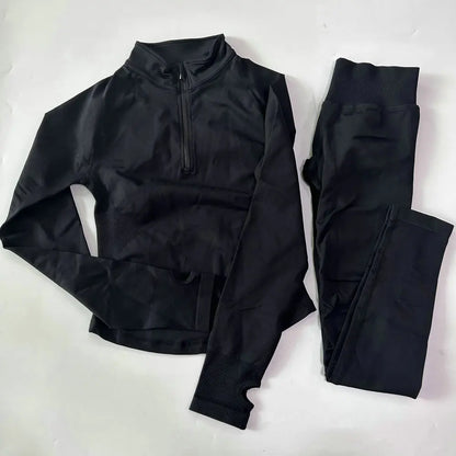 Women 2pcs Yoga Sets Long Sleeve Jacket Sport Top With Half Zip High Waisted Leggings Fitness Suits Seamless Running Workout Set