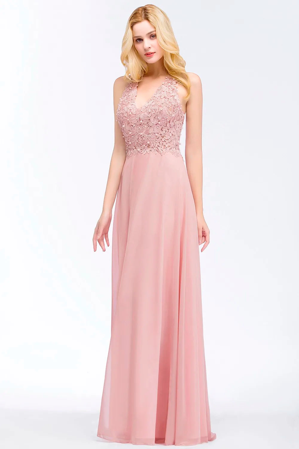 Vestido de Madrinha com Gola Halter Renda Pérolas Corpete Saia Longa até o Chão Chiffon Sexy Costas Abertas Roupa de Casamento