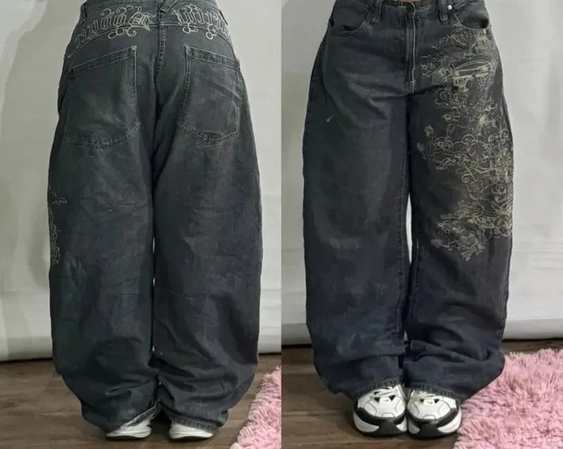 Streetwear New Vintage Letter Printing Washed Baggy Jeans Women Y2K Harajuku Hip Hop Popular Gothic High Waist Wide Leg Pants