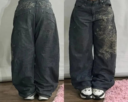 Streetwear New Vintage Letter Printing Washed Baggy Jeans Women Y2K Harajuku Hip Hop Popular Gothic High Waist Wide Leg Pants