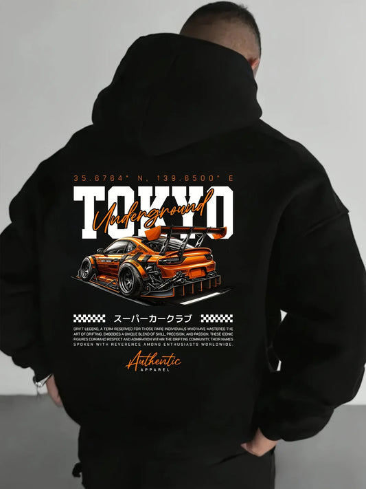Men'S Tokyo Racing Graphic Hoodie Stylish Black Pullover with Orange Sports Car Design Loose Fit Long Sleeve Casual Streetwear