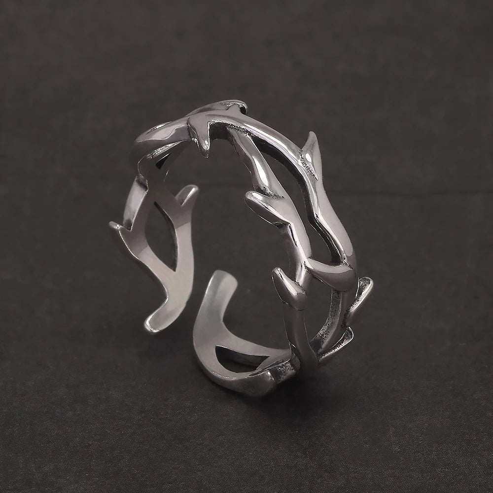 925 Sterling Silver Gothic Thorn Couple Rings for Women Men Punk Retro Cool Spiky Finger Ring Adjustable Hip-hop Y2k Jewelry