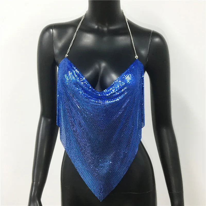 Women Solid Sequined Metal Camis Top 2025 Sexy Halter Backless V Strappy Party Nightclub Vest Cropped Tops