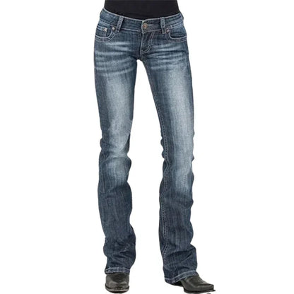 Low-waisted Women Flared Jeans Fashion Vintage Whitish Blue Washable Denim Pants