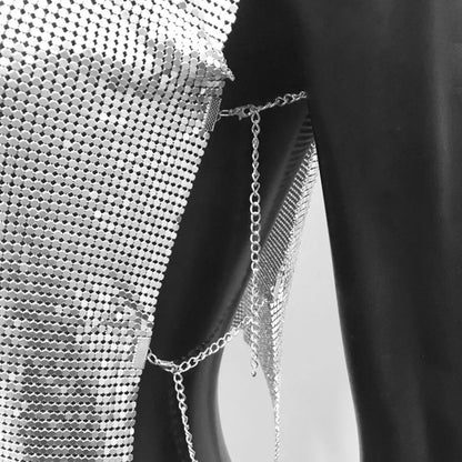 Women Metal Sequins Crop Tops Sexy Hollow Out Sleeveless Backless Y2k Tank Tops Nightclub Party Rave Festival Camisole 2023 New