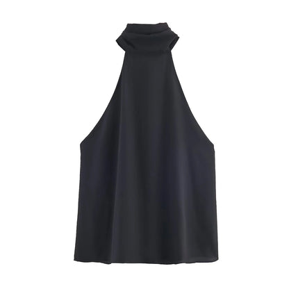 European and American style women's clothing new 2025 fashion versatile sleeveless bow decoration hanging neck collar top
