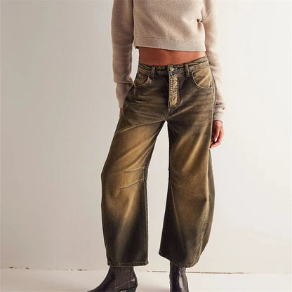 Women Vintage American Style Denim Jeans New Knee Splicing Design Straight Pants Female Commuter Casual Loose Mid Waist Trousers