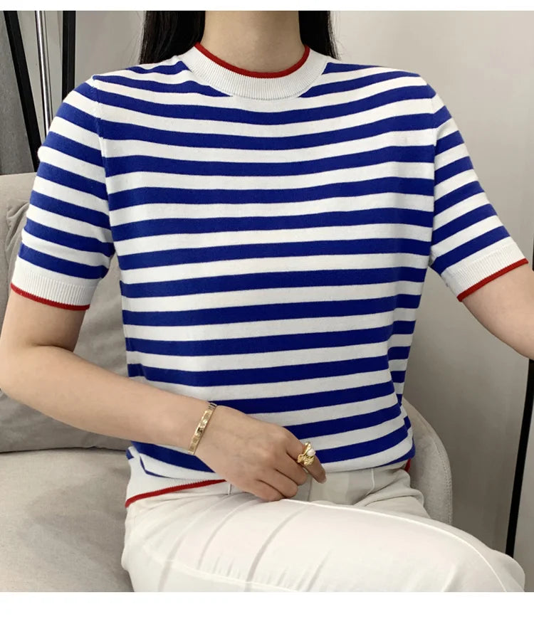 Summer Women's O-Neck Striped 100% Cotton Short Sleeve T-Shirt With Loose Pullover Casual Knit Top High Quality 5 Sizes