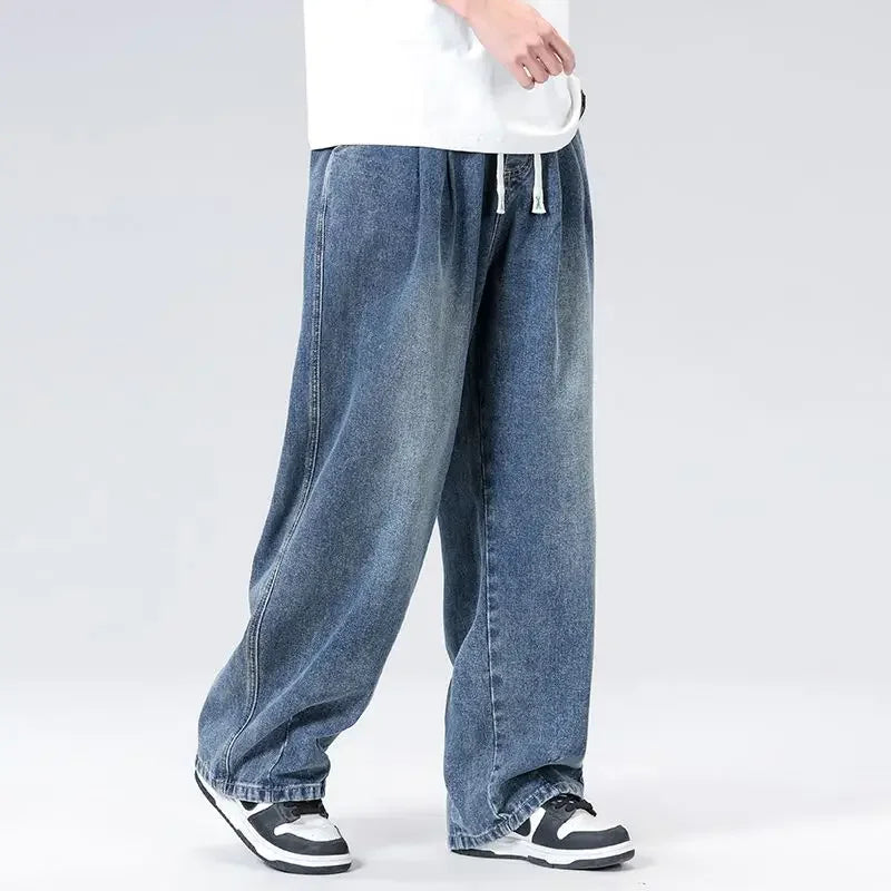 New Men's Elastic Waist Jeans Loose Wide Leg Casual Straight Long Trousers Comfortable Stretch Denim Pants Trendy Brand