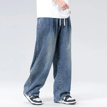 New Men's Elastic Waist Jeans Loose Wide Leg Casual Straight Long Trousers Comfortable Stretch Denim Pants Trendy Brand