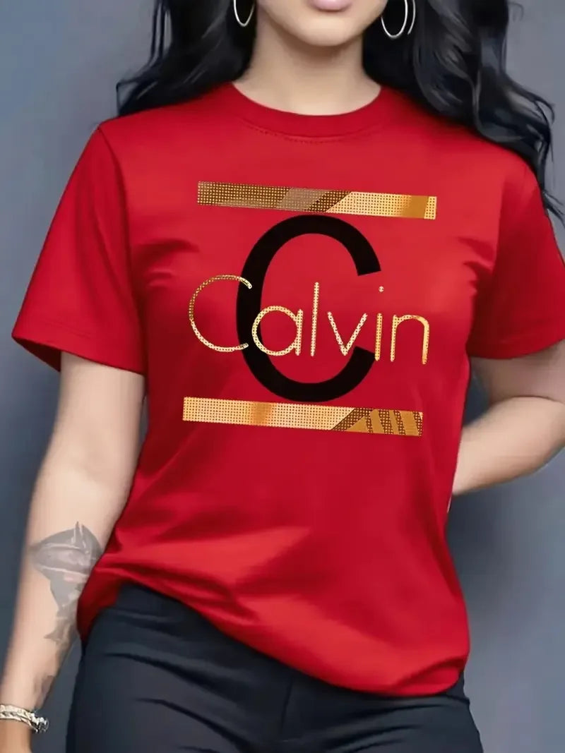 Women's Summer Fashion Casual Calvin Letter Pattern Print Loose Round Neck Short Sleeve Sportswear T-shirt y2k clothes