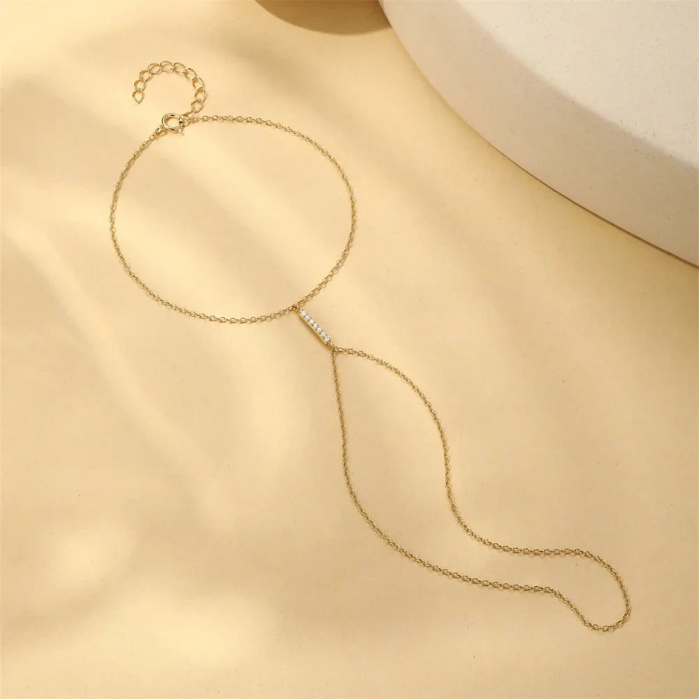 Dainty 5A Zircon Finger Ring Chain Bracelets Flower High Carbon Bracelet for Women Girl Adjustable s925 Silver Jewelry Gift