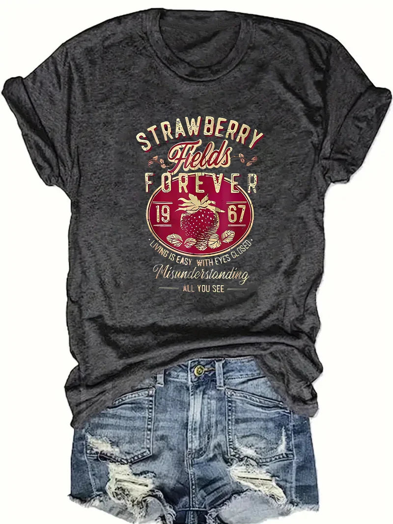 Harajuku Strawberry Fields Forever Letter Print Women T Shirt Short Sleeve Crew Neck Summer Casual Top for Women Clothes Shirts