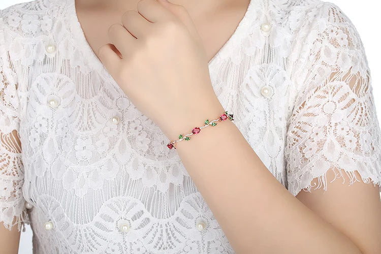 Rose Gold Color Leaf Chain & Link Bracelet with Red + Green AAA Zircon for Mother Gifts Jewelry JIB072