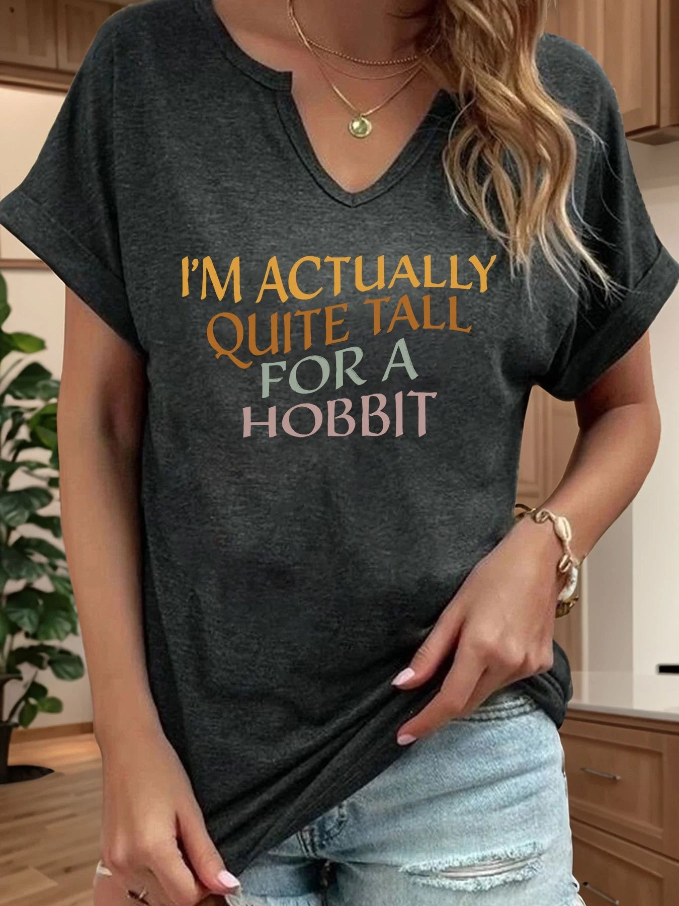 I'm Actually Quite Tall for A Hobbit Letter Print Women T Shirt Short Roll-up Sleeve V-Neck Summer Casual Top T-shirts for Women