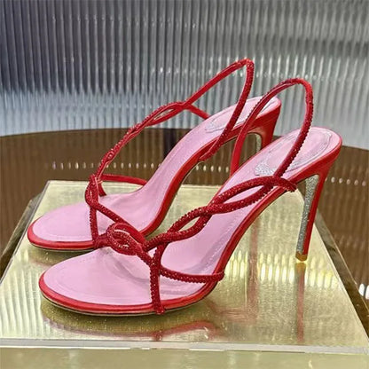 Bling Crystal Studded Thin Heels Sandals Woman Rhinestone Cross-tied High Heels Banquet Shoes Summer Stiletto Sandalias Women