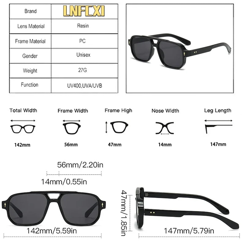 Vintage Double Bridges Men Square Sunglasses Fashion Green Ocean Lens UV400 Eyewear Women Trending Rivets Sun Glasses