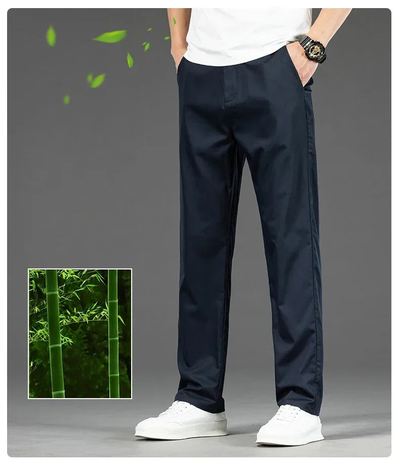 Thin Men Bamboo Summer Pants Casual High Quality Business Classic Fashion Stretch Slim Formal Straight Trousers Black Gray Khaki