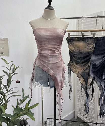 Tie Dye Summer Tops for Women Y2K Strapless Sleeveless Asymmetrical Ruffle Fishtail Ruched Stretch Mesh Vintage Clothes