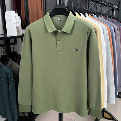 Fashion brand autumn new men's top casual warm 100% cotton long sleeved Polo shirt