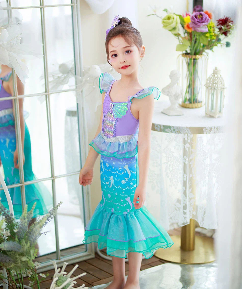 Ariel Cosplay Princess Costume Kids Cartoon Printed Dress Girls Halloween Children Carnival Birthday Party Clothes