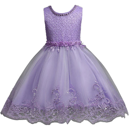 Girl Princess Dress of Korean style sleeveless beaded children's dress dress princess dress lace dress performance
